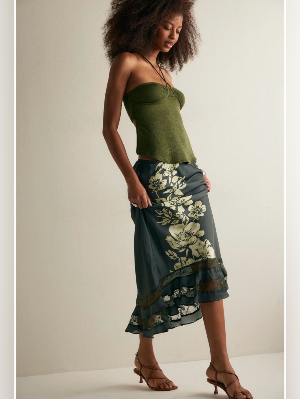 Free People Long Lost Lover Printed Maxi Slip Skirt— Satin Midi Skirt (Grey)